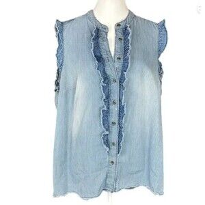 Lane Bryant Striped Chambray Ruffle Front Sleeveless Button Up Blouse-Size 18